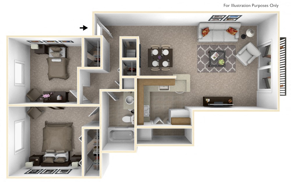 Floor plan for 2 beds, 1 bath, 900 sqft